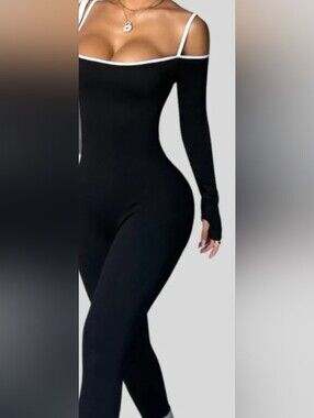 Off-Shoulder Black Long-Sleeve Jumpsuit with Contrast Trim